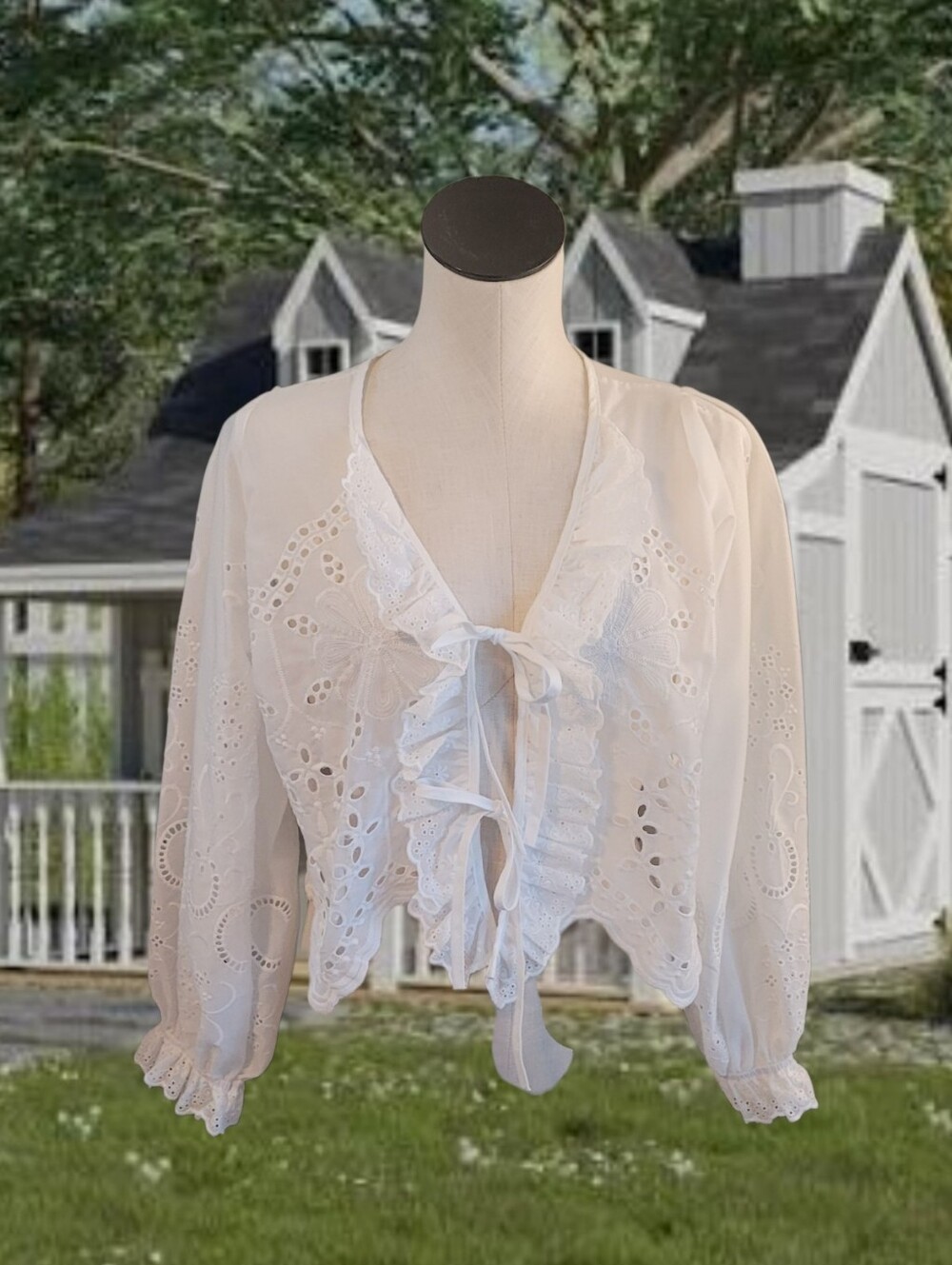 hazel White Eyelet Ruffle Tie-Front Blouse